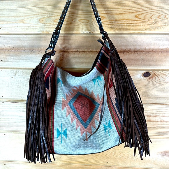 Pattern fringe HOBO bag multi colors, Size 16"x13"x5.5" - Picture 1 of 9